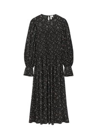 Schwarzes Blumenmaxikleid mit langen puffärmel, gerüschtem Oberteil und ausgestelltem Rock. Mit kleinem Schlüsselloch-Ausschnitt hinten und buntem, verstreutem Blumenmuster.