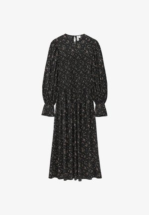 Schwarzes Blumenmaxikleid mit langen puffärmel, gerüschtem Oberteil und ausgestelltem Rock. Mit kleinem Schlüsselloch-Ausschnitt hinten und buntem, verstreutem Blumenmuster.