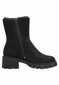 Botas de tobillo negras de ante suave con un ribete de piel sintética, que cuentan con un cierre lateral y un tacón de goma grueso con una superficie texturizada.