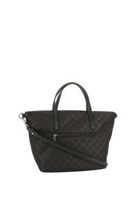 Borsa nera con un motivo testurizzato, due manici superiori, una tracolla removibile e una tasca frontale con zip. Materiale sintetico liscio.