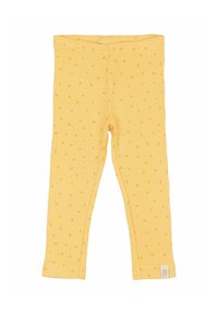 Sárga bordázott leggings pöttyös mintával, rugalmas derékrésszel és egy kis "PP" felirattal az alján.