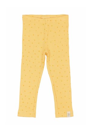 Sárga bordázott leggings pöttyös mintával, rugalmas derékrésszel és egy kis "PP" felirattal az alján.