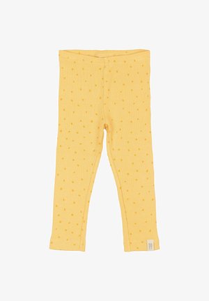 Sárga bordázott leggings pöttyös mintával, rugalmas derékrésszel és egy kis "PP" felirattal az alján.