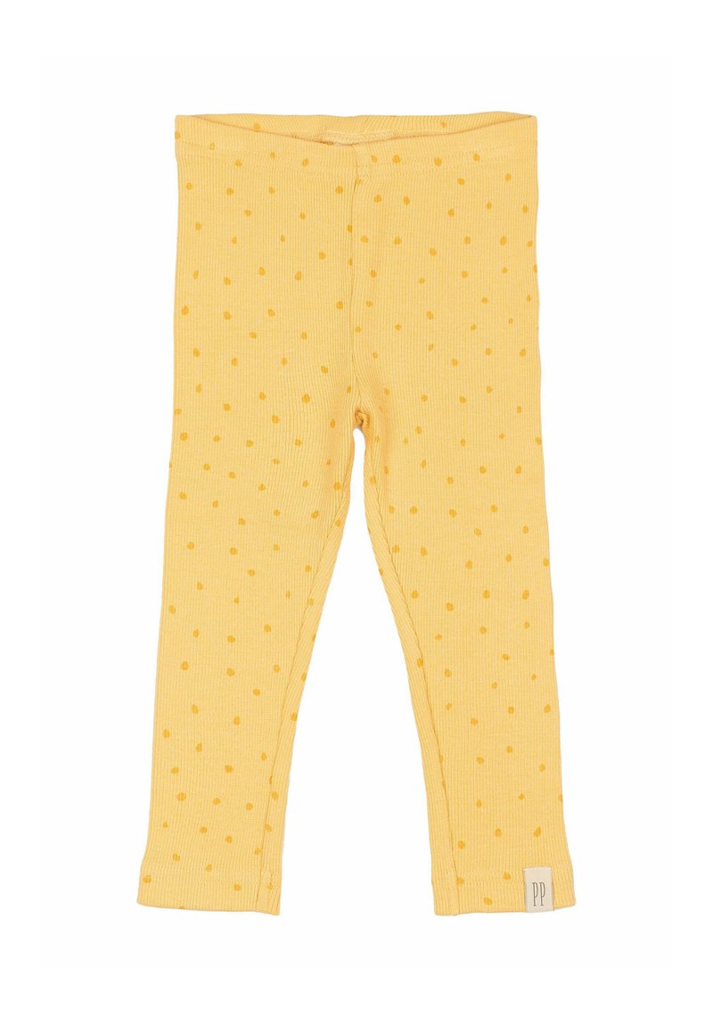 Sárga bordázott leggings pöttyös mintával, rugalmas derékrésszel és egy kis "PP" felirattal az alján.