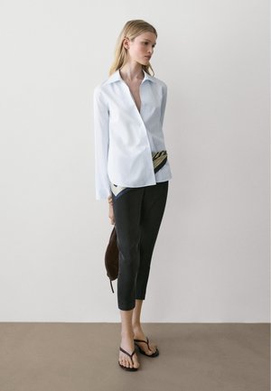 Kvinde iført lyseblå skjorte med knapper, sorte korte bukser, klipklappere, holder en lille brun taske mod en ensfarvet baggrund.