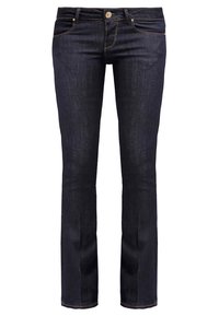 Dunkelblaue Jeans aus Denim mit geradem Bein, ausgestattet mit einem Knopfverschluss, im Fünf-Taschen-Stil und dezenten Stickdetails.