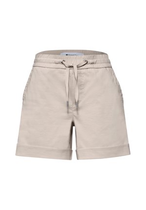 Shorts beige décontractés avec ceinture élastique, cordon à l'avant, poches latérales et ourlets retournés.