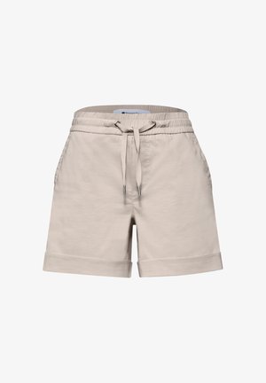 Shorts beige décontractés avec ceinture élastique, cordon à l'avant, poches latérales et ourlets retournés.