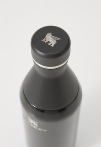 Bouteille d'eau en acier inoxydable noir avec une forme effilée, bande d'accent argentée et un couvercle arborant un logo d'ours volant argenté.