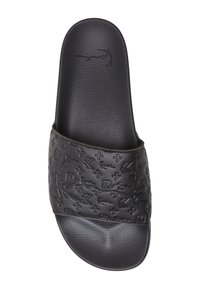 Black slide sandal with embossed pattern, rubber material, broad strap design, and smooth sole. Sleek, minimalist aesthetic.