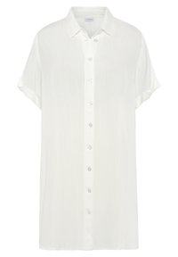 Blusa bianca a maniche corte con chiusura a bottoni, realizzata in tessuto leggero. Presenta un colletto classico e polsini arrotolati.