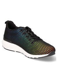 Black mesh athletic shoe with rainbow gradient pattern; features textured surface, black laces, and a white midsole with black outsole.