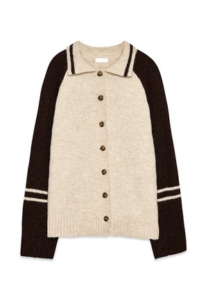 Cardigan beige con maniche raglan marroni scure, dettagli a righe e bottoni sul davanti. Tessuto a maglia morbida, design colletto classico.
