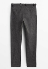 Grå ullbyxor med smal passform, med en plan front, två bakfickor med knapplås och en slät yta.