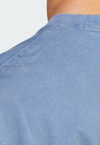 Jasnoniebieska koszula z krótkim rękawem, wykonana z miękkiego materiału. Posiada prosty okrągły dekolt oraz widoczne przeszycia na kołnierzu i ramionach.