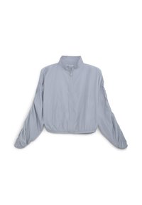 Giacca bomber cropped grigia chiara, realizzata in tessuto liscio, presenta un colletto alto, chiusura frontale con zip e polsini elasticizzati con maniche a sbuffo.