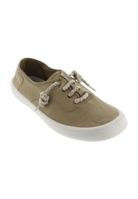 Beige canvas sneakers met een witte rubberen zool, vetersluiting en textuur, geweven veters. Rond neu en minimalistische stijldetails.