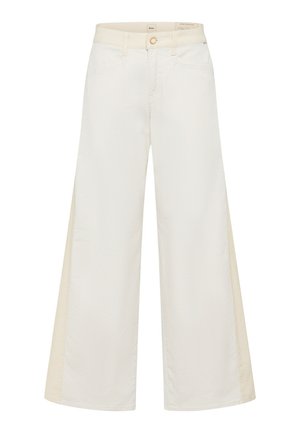 Witte, wijde, hooggehate jeans met tailleband, gulp met knoop en rits aan de voorkant, en zijpaneel detail.