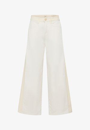 Witte, wijde, hooggehate jeans met tailleband, gulp met knoop en rits aan de voorkant, en zijpaneel detail.