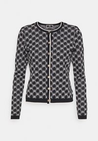 Cardigan nero con motivo geometrico bianco, maniche lunghe, scollatura rotonda, bottoni dorati e rifiniture a contrasto lungo i bordi. Tessuto a maglia morbido.