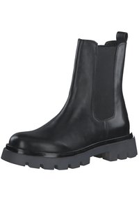 Schwarze Leder-Ankle-Boots mit elastischen Seiteneinsätzen, abgerundeter Spitze und dicke Gummisohle mit grobem Laufmuster.
