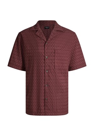 Korte mouwen overhemd met knopen van gestructureerde bordeauxrode stof, voorzien van een campkraag en een borstzak aan de linkerkant.