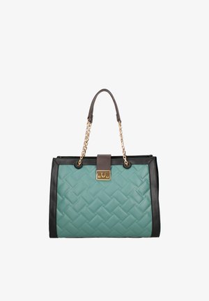 Türkisblaue gesteppte Handtasche mit schwarzem Rand, goldenen Kettenhenkeln und einem zentralen goldenen Verschluss.