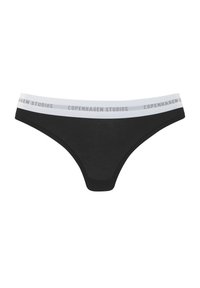 Black thong underwear with a smooth texture, featuring a contrasting white elastic waistband adorned with "COPENHAGEN STUDIOS" lettering.