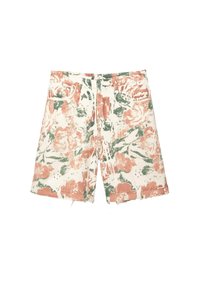 Bloemige shorts gemaakt van stof met een crèmekleurige basis. Kenmerken zijn roze en groene bloemenpatronen, een ongeFinished zoom en vier zakken.