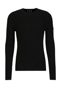 Schwarzer gerippter Pullover mit langen Ärmeln und rundem Halsausschnitt. Hergestellt aus einem strukturierten Strickstoff, mit einer taillierten Passform. Keine sichtbaren Logos.