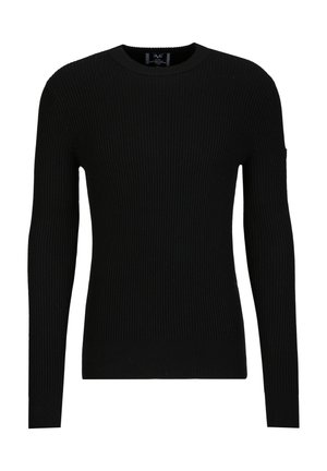 Schwarzer gerippter Pullover mit langen Ärmeln und rundem Halsausschnitt. Hergestellt aus einem strukturierten Strickstoff, mit einer taillierten Passform. Keine sichtbaren Logos.