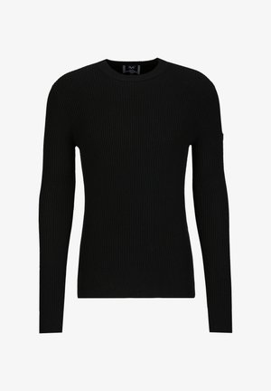 Schwarzer gerippter Pullover mit langen Ärmeln und rundem Halsausschnitt. Hergestellt aus einem strukturierten Strickstoff, mit einer taillierten Passform. Keine sichtbaren Logos.