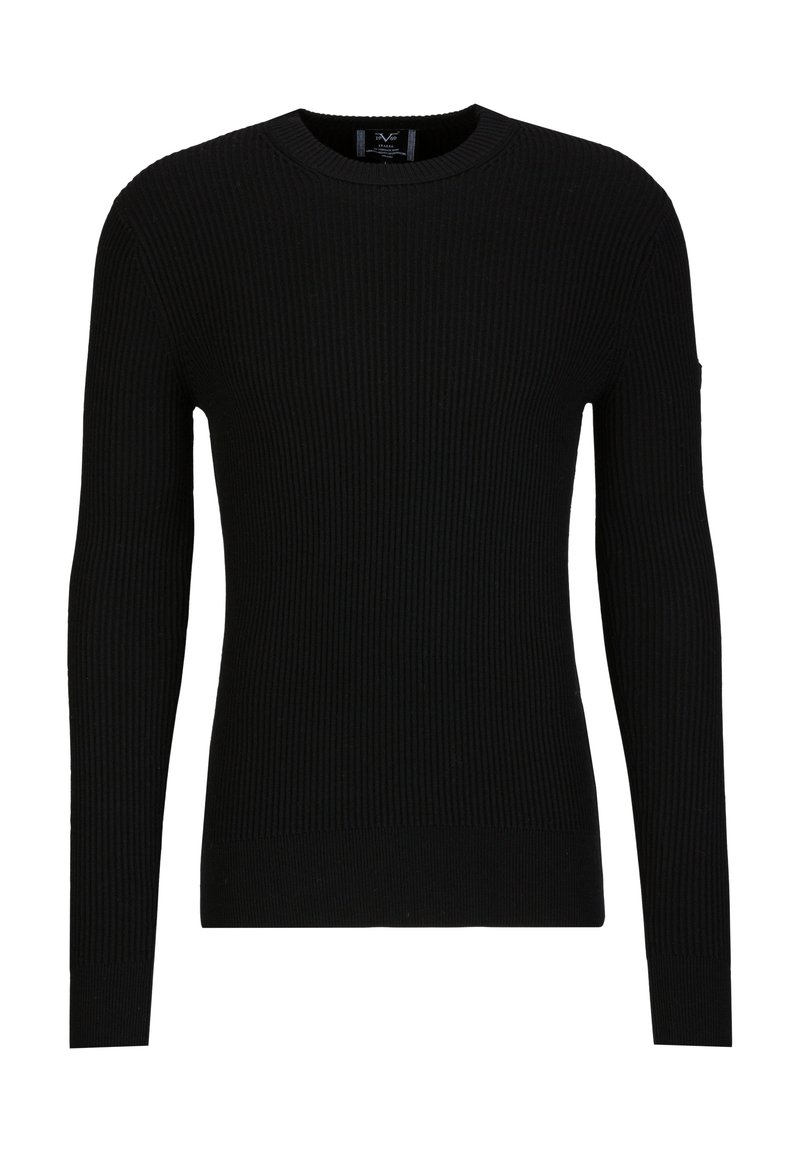 Schwarzer gerippter Pullover mit langen Ärmeln und rundem Halsausschnitt. Hergestellt aus einem strukturierten Strickstoff, mit einer taillierten Passform. Keine sichtbaren Logos.