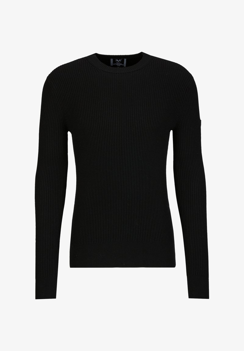 Zwarte geribde trui met lange mouwen en een ronde hals. Gemaakt van een textuur gebreide stof, met een getailleerd ontwerp. Geen zichtbare logo's.