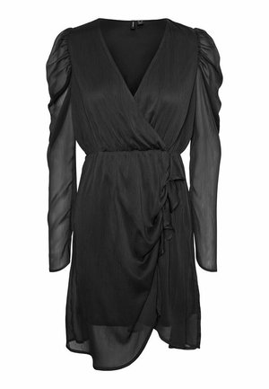 Schwarzes Wickelkleid mit V-Ausschnitt und langen transparenten Ärmeln, versehen mit sanften Falten und einer seitlichen Bindung für zusätzliche Eleganz.