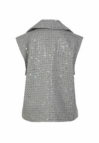 Gray sleeveless top featuring a structured collar, embellished with reflective sequins throughout the fabric, creating a textured surface.