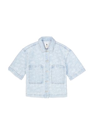 Hellblaue Jeansjacke mit kurzen Ärmeln, strukturiertem Muster, zwei Vorderentaschen und Knopfverschluss. Verfügt über ein klassisches Kragendesign.