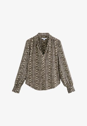 Bluse mit braun- und cremefarbenem geometrischem Muster, V-Ausschnitt, langen Ärmeln und gerafften Manschetten; aus leichtem, strukturiertem Stoff gefertigt.