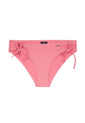 Różowy dół bikini z teksturowanym wzorem geometrycznym, regulowanymi bocznymi zawiązaniami i wzmocnioną talią. Wykonany z elastycznego materiału do kąpieli.