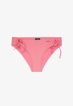 Costume da bagno rosa con fondo a bikini, dotato di un motivo geometrico testurizzato, lacci laterali regolabili e vita rinforzata. Realizzato in materiale elastico per costumi da bagno.