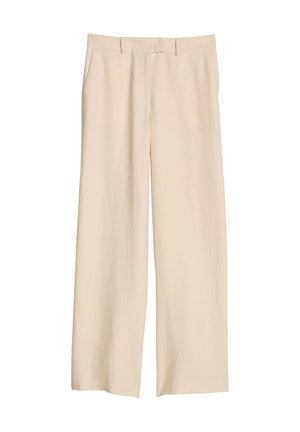 Beżowe spodnie o szerokich nogawkach i wysokim stanie z szlufkami na pasek, przednimi kieszeniami i zapięciem na suwak, prezentowane na białym tle.