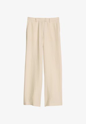 Beige broek met wijde pijpen en hoge taille, voorzien van riemlussen, voorzakken en een ritssluiting, getoond op een witte achtergrond.