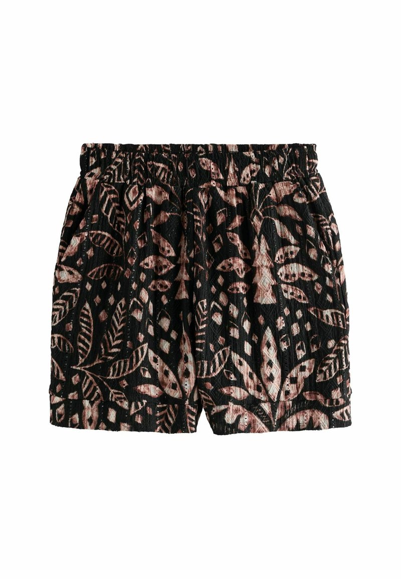 Svarta tygshorts med ett mönster av rosa och beige blad. Elastisk midja med texturerad detaljer. Längd till mitten av låret.