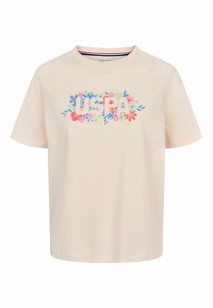 Lys kremfarget bomulls t-skjorte med korte ermer, prydet med et fargerikt blomsterdesign rundt teksten "U.S.A" i fete bokstaver.