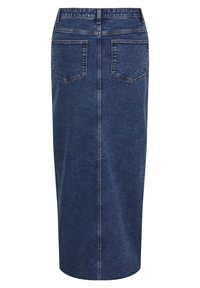 A farmer szoknya egyenes vonalú, sötétkék árnyalatú, két hátsó zsebbel és kontrasztos varrásokkal a seams mentén. Közepes hosszúságú kialakítás.