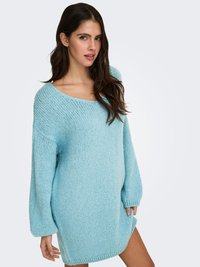Light blue knitted sweater dress with a relaxed fit, wide sleeves, and a scoop neckline. Textured fabric adds a comfortable appearance.