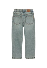 Hele sinise tooniga teksapüksid lõdva lõikega. Vöökohal on nahast sildike ning kahe taga oleva tasku õmblused on kontrastse niidiga.