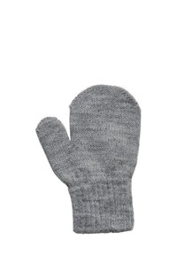Graue gestrickte Handschuhe mit einer leicht strukturierten Oberfläche, ausgestattet mit einem gerippten Bündchen und einer abgerundeten Oberform. Mit einem Daumenfach.