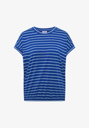 T-shirt bleu à manches courtes avec des rayures horizontales claires, col rond et ourlet élastiqué.