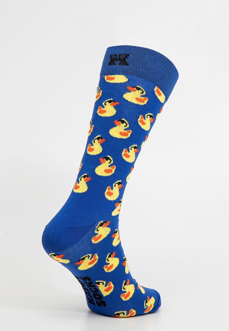 Blaue Socken mit einem Muster aus gelben Gummi-Enten. Die Socken haben eine bequeme Passform und einen gerippten Bund an der Oberseite.